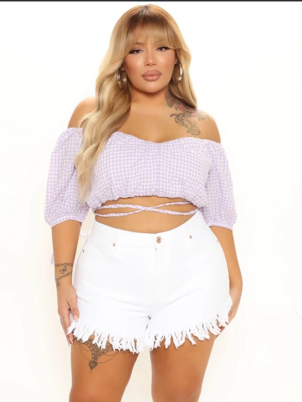 Fashion Nova Lavender Gingham Off-Shoulder Crop Top